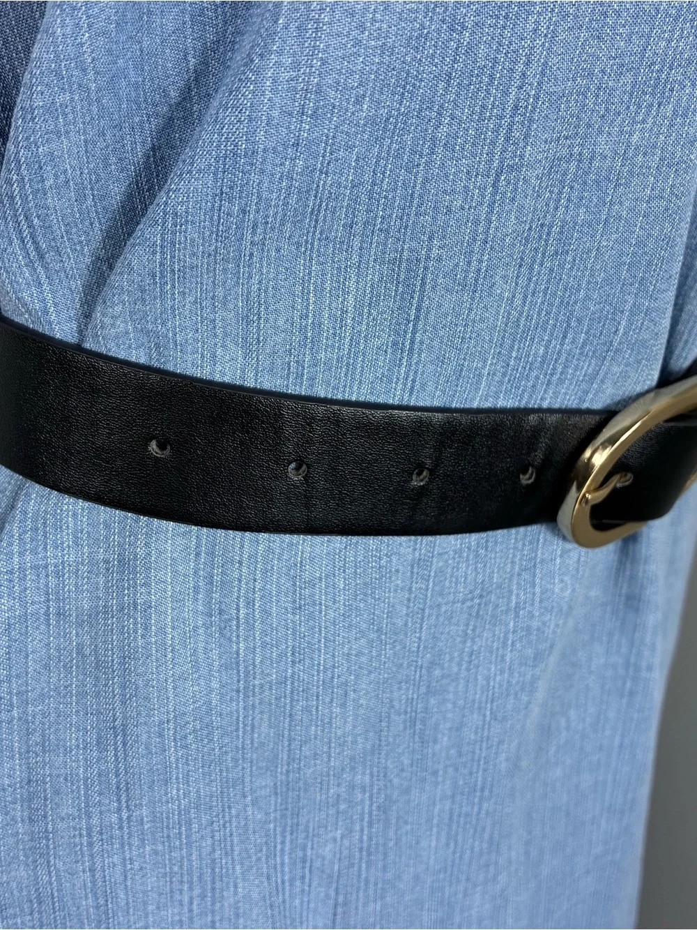 Womens belt 38” long black faux leather gold oval buckle Corpcore